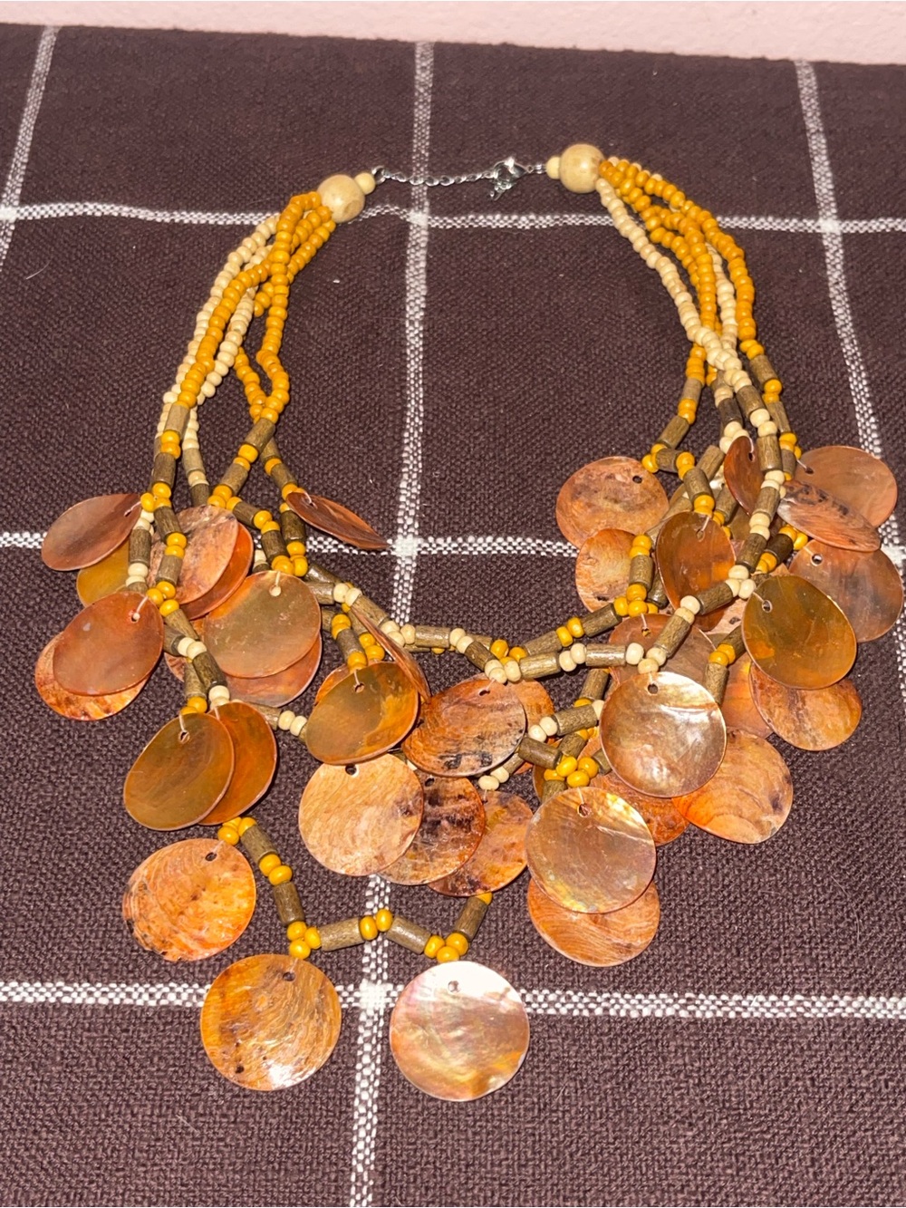 Mother of Pearl Burnt Orange Shell Disc Necklace Beaded Bohemian Multistrand